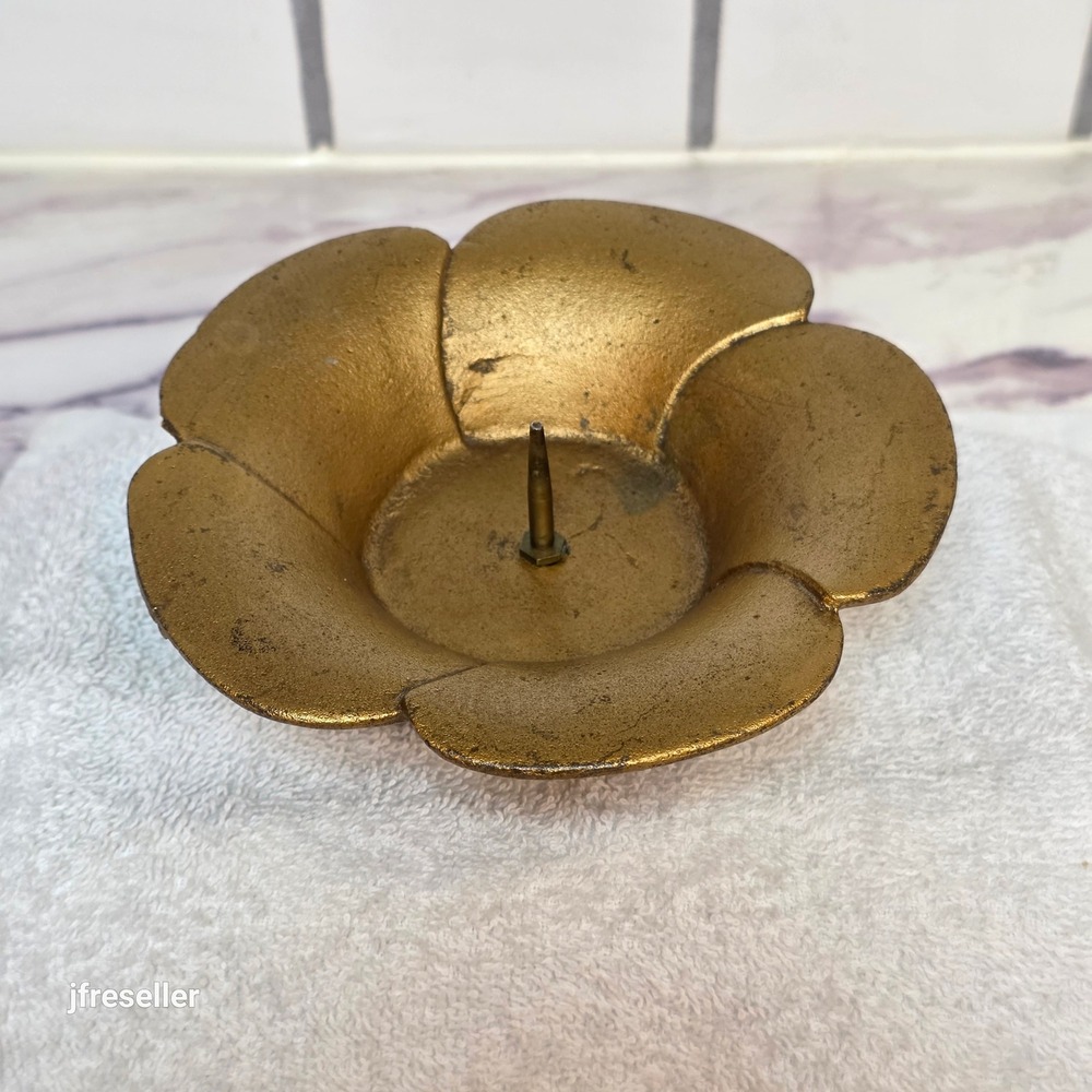Vintage Gold Cast Metal Flower Candle Holder Japan Spiked Lotus Petal MCM 5.5in